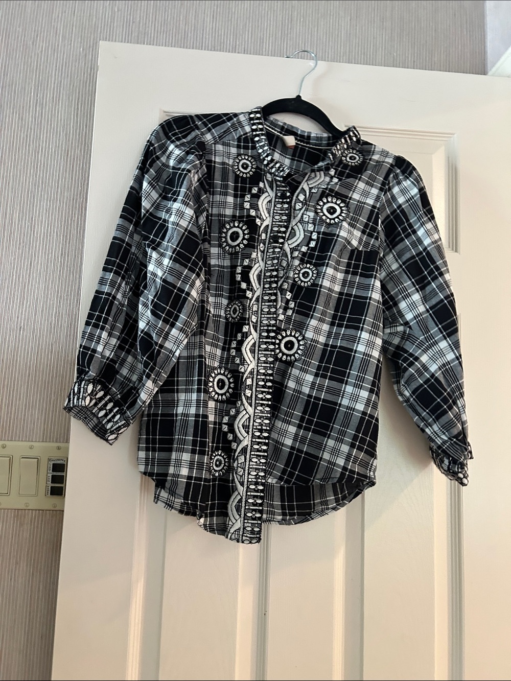 Pilcro Black and White Plaid Button-Down Shirt with Embroidered Front